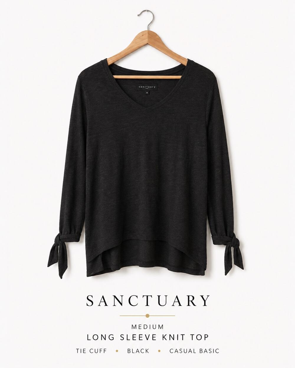 Sanctuary Medium Black Long Sleeve Knit Top Tie Cuff Casual Basic